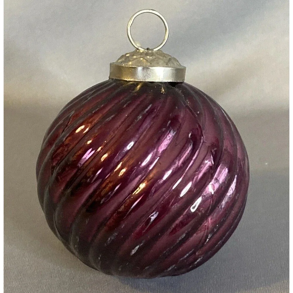 Kugel Inspired Blown Glass Ball Ornament Purple Ribbed Swirl Christmas Decor
